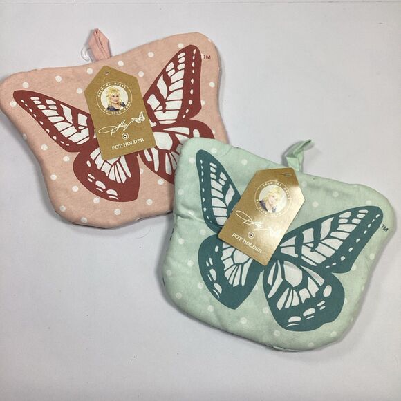 2 Dolly Parton Butterfly Pot Holder Pink Blue Discontinued DG New - Picture 1 of 6